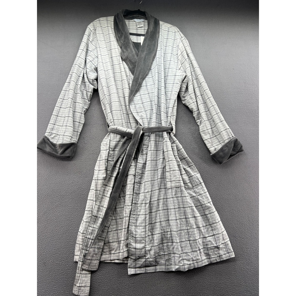 The Company Store Mens Plaid Robe Grey White Cotton Fleece Lined Shawl Collar SM
